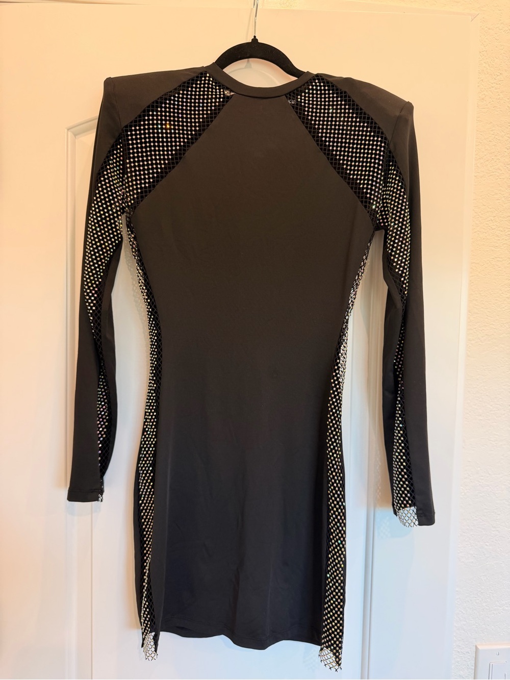 Black Long-Sleeve Bodycon Dress with Rhinestones Mesh Panels & Shoulder Pads